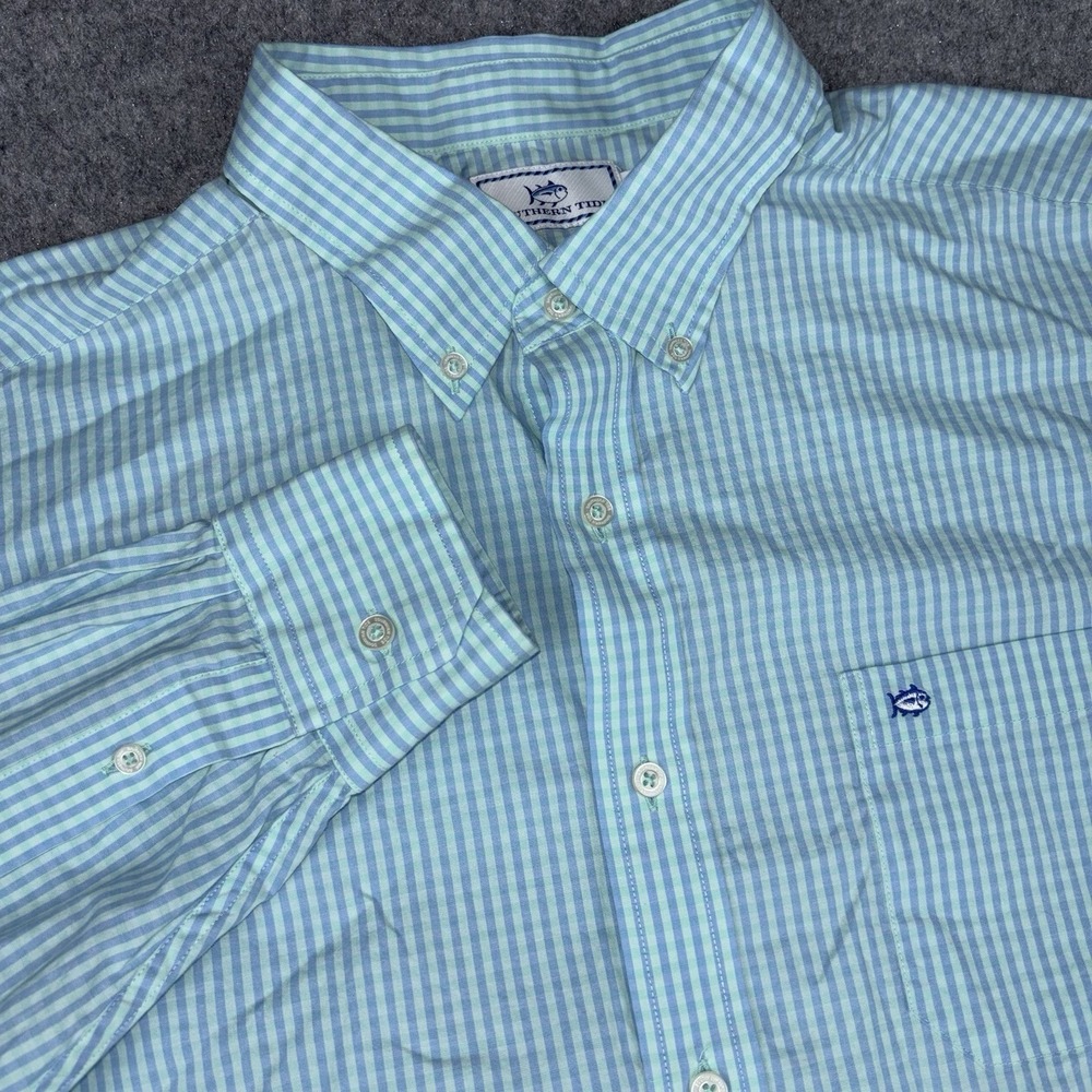 Southern Tide Button Down Shirt Men's XL Blue Green Striped Long Sleeve Preppy